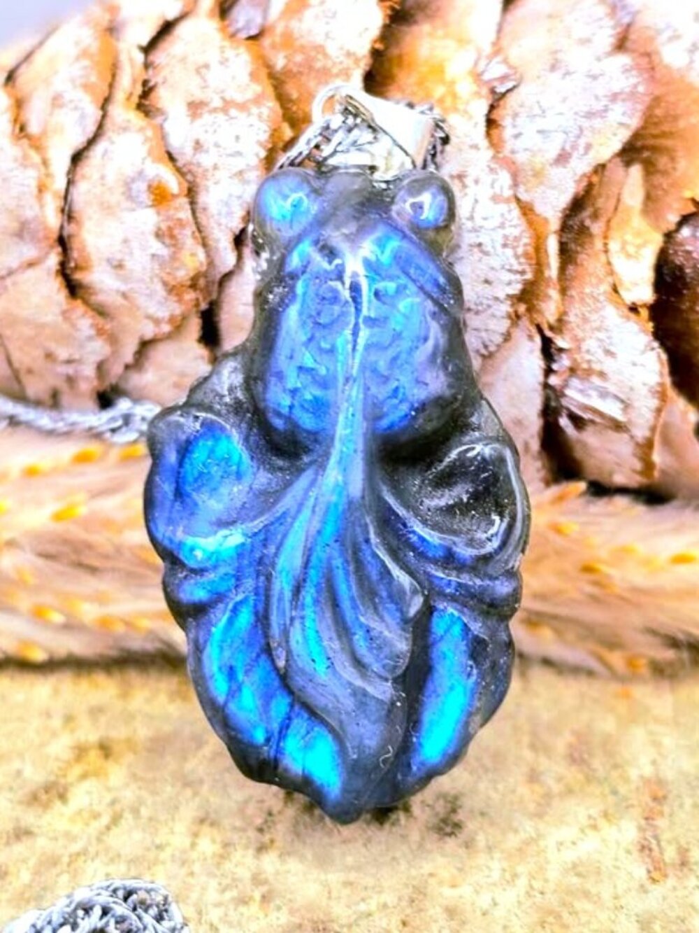 Labradorite Goldfish Pendant • 1.2" Stone‑Carved Crystal • Strong Flash Necklace